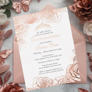 Rosa florale Rosen-Goldene Quinceanera Folieneinladung