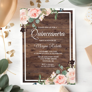 Rosa Florale Rustikale Holz Quinceanera 15. Einladung