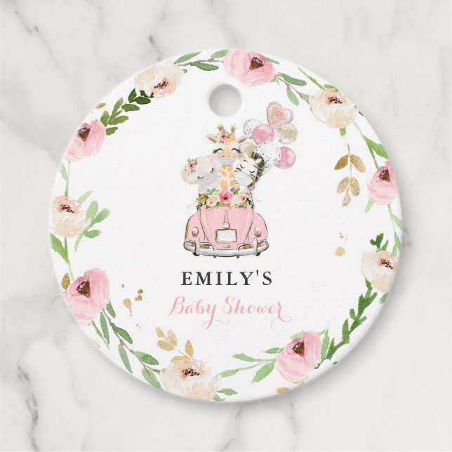 Rosa florale Safari-Tiere mit Kinderdusche Geschenkanhänger (Vorderseite)