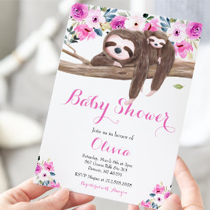 Rosa florale schlafende Faultier- und Baby-Party Einladung