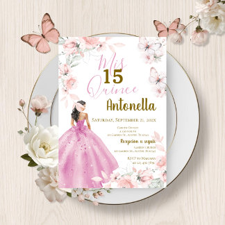Rosa florale Schmetterlinge Quinceañera Einladung