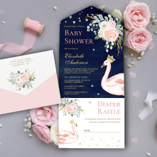 Rosa Florale Schwanenprinzessin Navy Baby Shower All In One Einladung