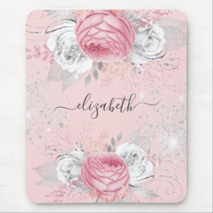 Rosa Florale Silber-Monogramm-Schrift Mousepad
