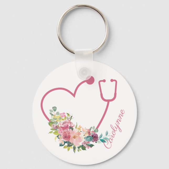 Rosa florale Stethoscope Herzkrankenpfleger Kranke Schlüsselanhänger (Vorderseite)