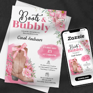 Rosa Florale Stiefel & Sprudelnde Hochzeitsdusche Einladung