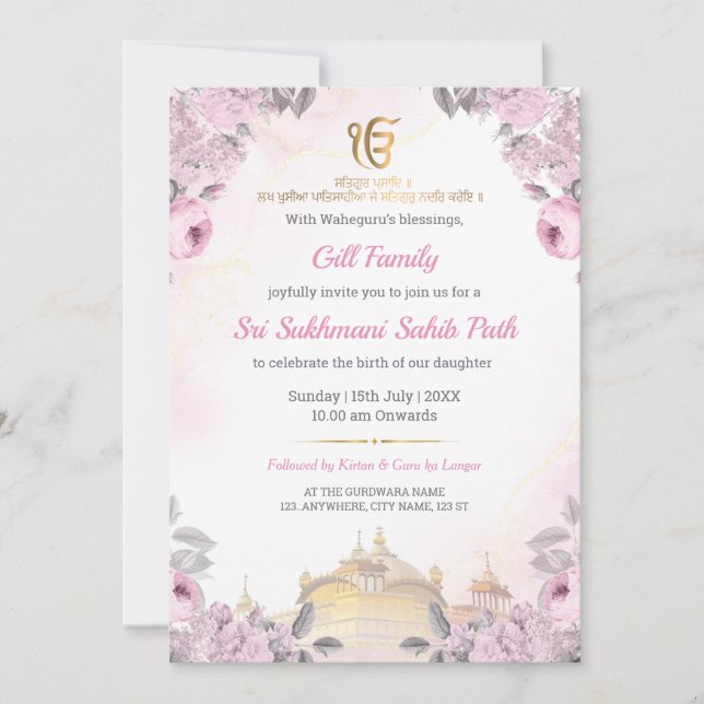 Rosa Florale Sukhmani Sahib Path Einladung (Vorderseite)