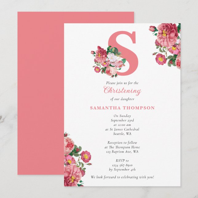 Rosa florale Taufe Christening Baby Girl Initials Einladung (Vorne/Hinten)