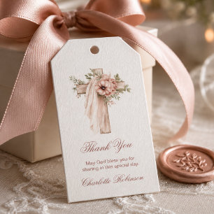 Rosa Florale Taufe Kreuz Geschenkanhänger