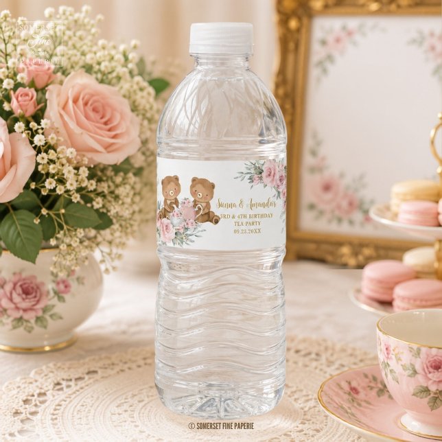Rosa Florale Teddybären-Teeparty-Geburtstag (teddy bears twins joint birthday tea party water bottle label sticker wrapper)