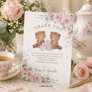 Rosa Florale Teddybären-Teeparty-Geburtstag Dankeskarte