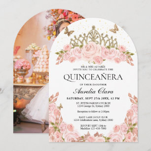 Rosa Florale Tiara Quinceanera Foto-Architektur Einladung