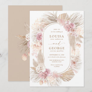 Rosa Florale Tropische Boho Pampas Gras Hochzeit Einladung