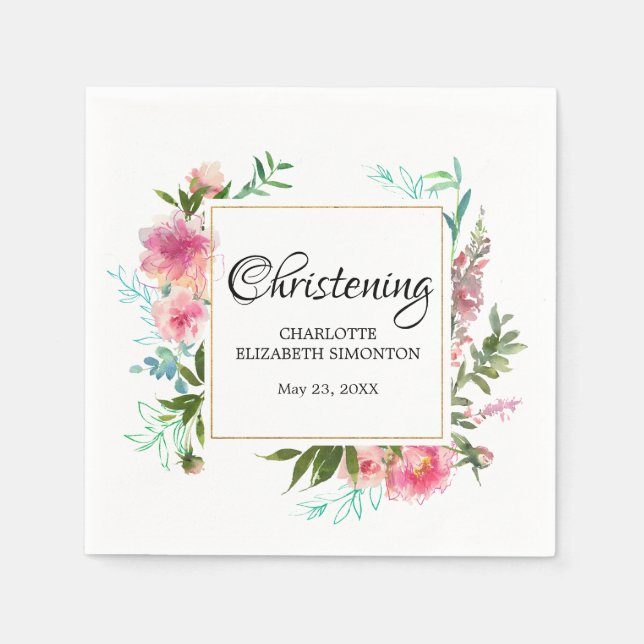 Rosa, florale und goldene Personalisierte Weihnach Serviette (Vorderseite)