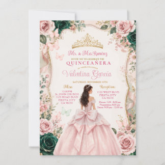 Rosa Florale und Grüne Quinceañera-Einladung Einladung