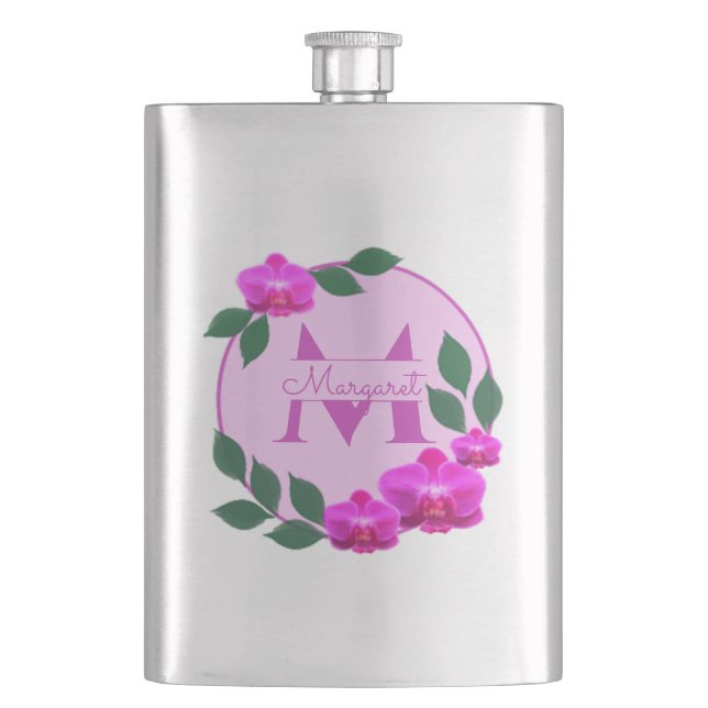 Rosa florale Vintage personalisierte Bezeichnung E Flachmann (Vorderseite)