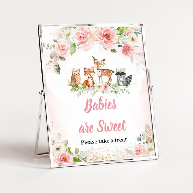 Rosa Florale Wald-Duschbabys sind süße Schilder (Girl Woodland Animals Baby Shower Babies are Sweet Sign)
