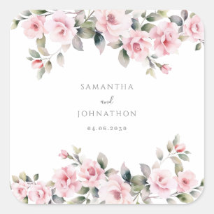 Rosa Florale Wasserfarben-Hochzeit Quadratischer Aufkleber