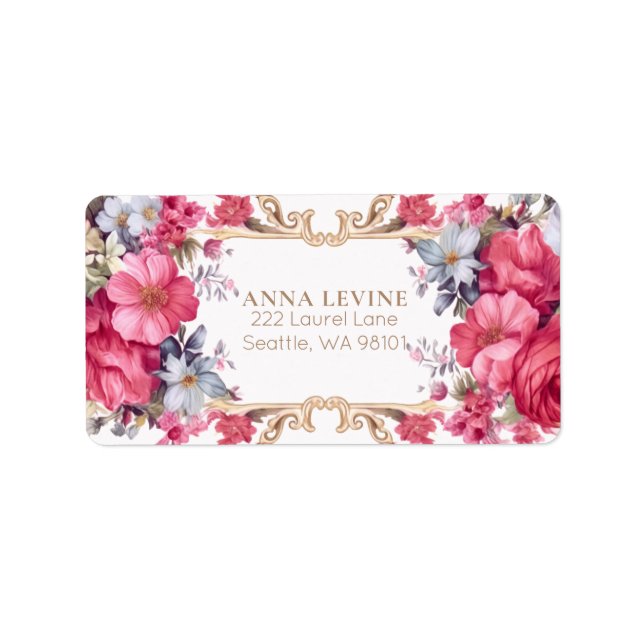 Rosa floraler Barock Romantischer Goldrahmen Adressaufkleber (Vorne)