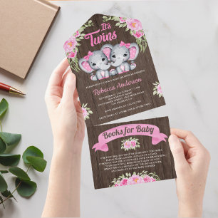 Rosa floraler Elefant Zwillingsmädchen Holz-Baby-P All In One Einladung
