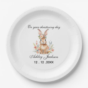 Rosa floraler Hase Personalisierte Taufe Pappteller
