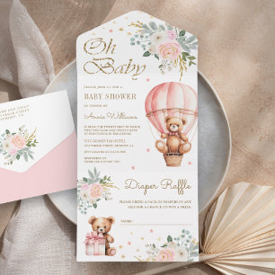 Rosa floraler Heißluftballon-Teddybär-Baby-Einladu All In One Einladung