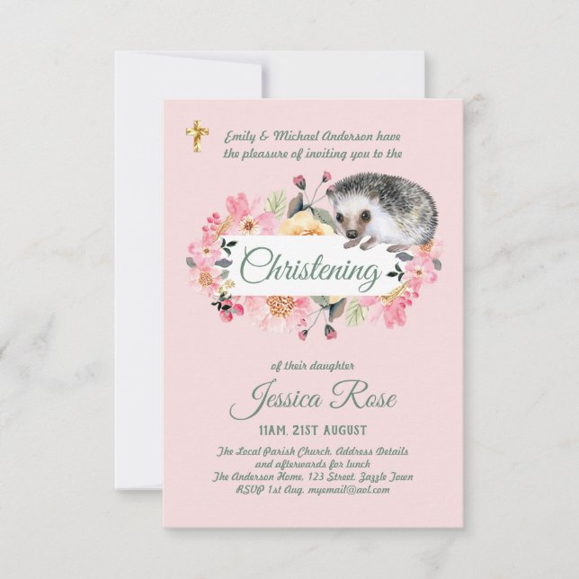Rosa floraler Igel Christening lädt zu Taufen ein (Vorderseite)