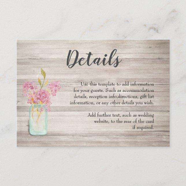 Rosa floraler Mason Jar Rustic Wedding Details Kar Begleitkarte (Vorderseite)