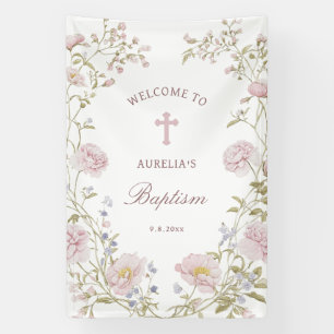 Rosa Floraler Rahmen Taufe Willkommen Banner