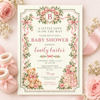 Rosa floraler Teddybär-Bogen-Baby-Party Einladung