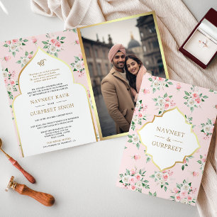 Rosa Florales All-in-One Anand-Karaj-Hochzeit Einladung