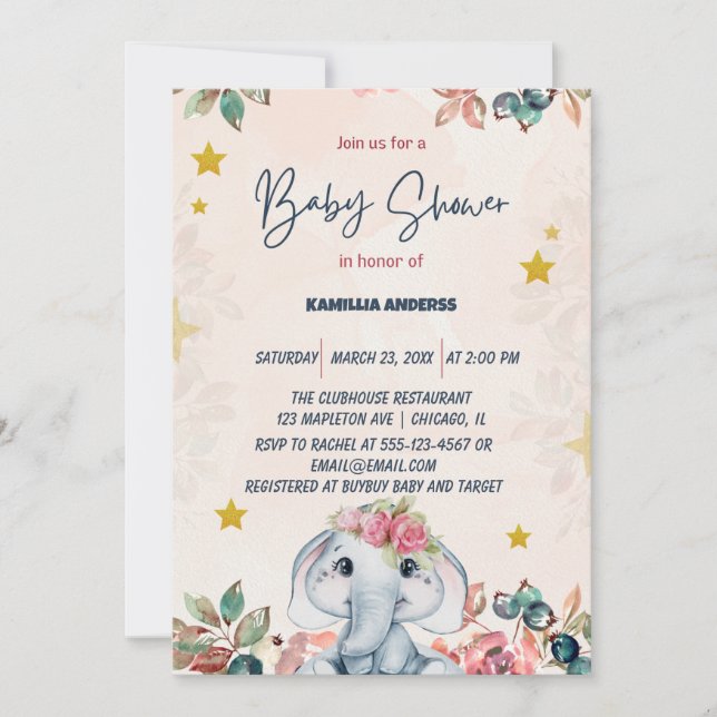 Rosa florales Baby-Elefant   Einladung (Vorderseite)