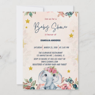Rosa florales Baby-Elefant   Einladung