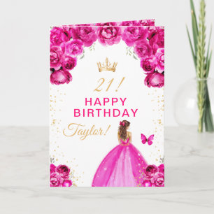 Rosa Florales Braunes Haar Mädchen Alles Gute zum  Karte