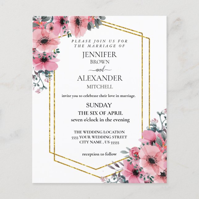 Rosa florales Budget Hochzeitschic "Einladung" Flyer (Vorne)