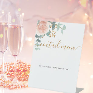 Rosa Florales Eukalyptus Cocktailbar-Menü Sockelschild