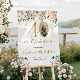 Rosa Florales Foto 40. Geburtstags-Willkommensschi Poster