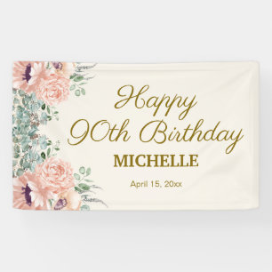 Rosa Florales Gold Glitter Glücklicher 90. Geburts Banner