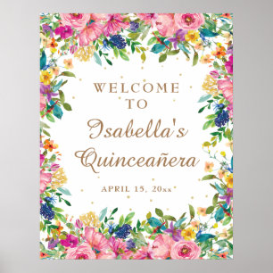 Rosa Florales Gold Glitter Quinceañera Willkommen Poster