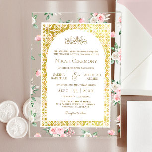 Rosa Florales Gold Muster Muslimische Hochzeit Acryleinladungen