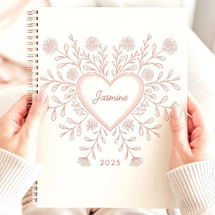 Rosa florales Herz 2025 benutzerdefinierter Name Planer