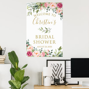 Rosa Florales Hochzeitsdusche Willkommensschild, S Poster