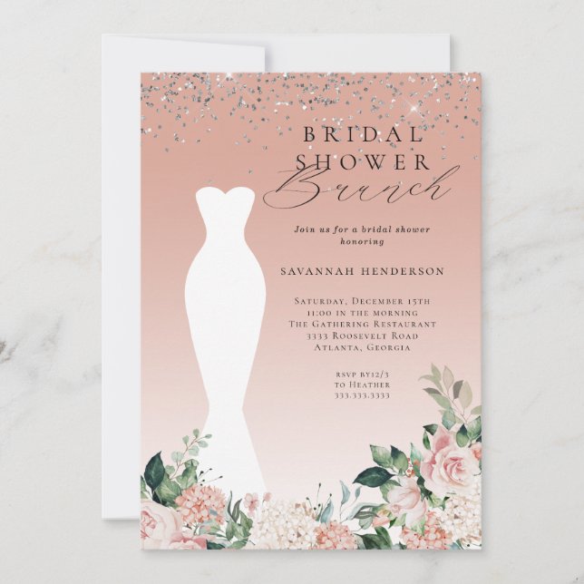 Rosa florales Hochzeitskleid Brautparty Brunch Einladung (Vorderseite)