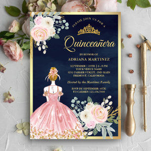 Rosa Florales Kleid Marineblau Gold Quinceanera Einladung