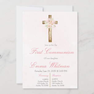 Rosa florales Kreuz Erstkommunion  Einladung