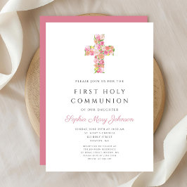 Rosa florales Kreuz Religiöse Erste Kommunion Einladung