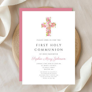 Rosa florales Kreuz Religiöse Erste Kommunion Einladung