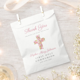Rosa florales Kreuz Religiöse Erste Kommunion Geschenktütchen