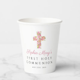 Rosa florales Kreuz Religiöse Erste Kommunion Pappbecher