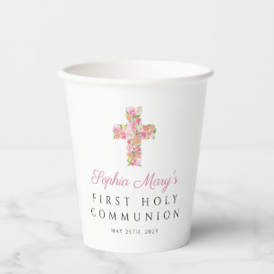Rosa florales Kreuz Religiöse Erste Kommunion Pappbecher