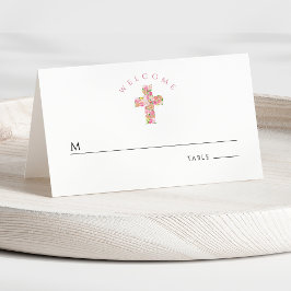 Rosa florales Kreuz Religiöse Erste Kommunion Platzkarte